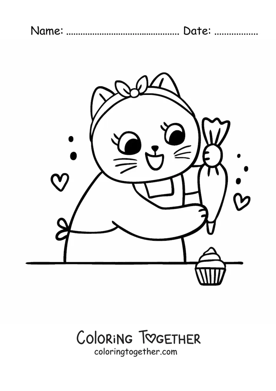 Coloring page of a cute cook cat decorating cupcakes