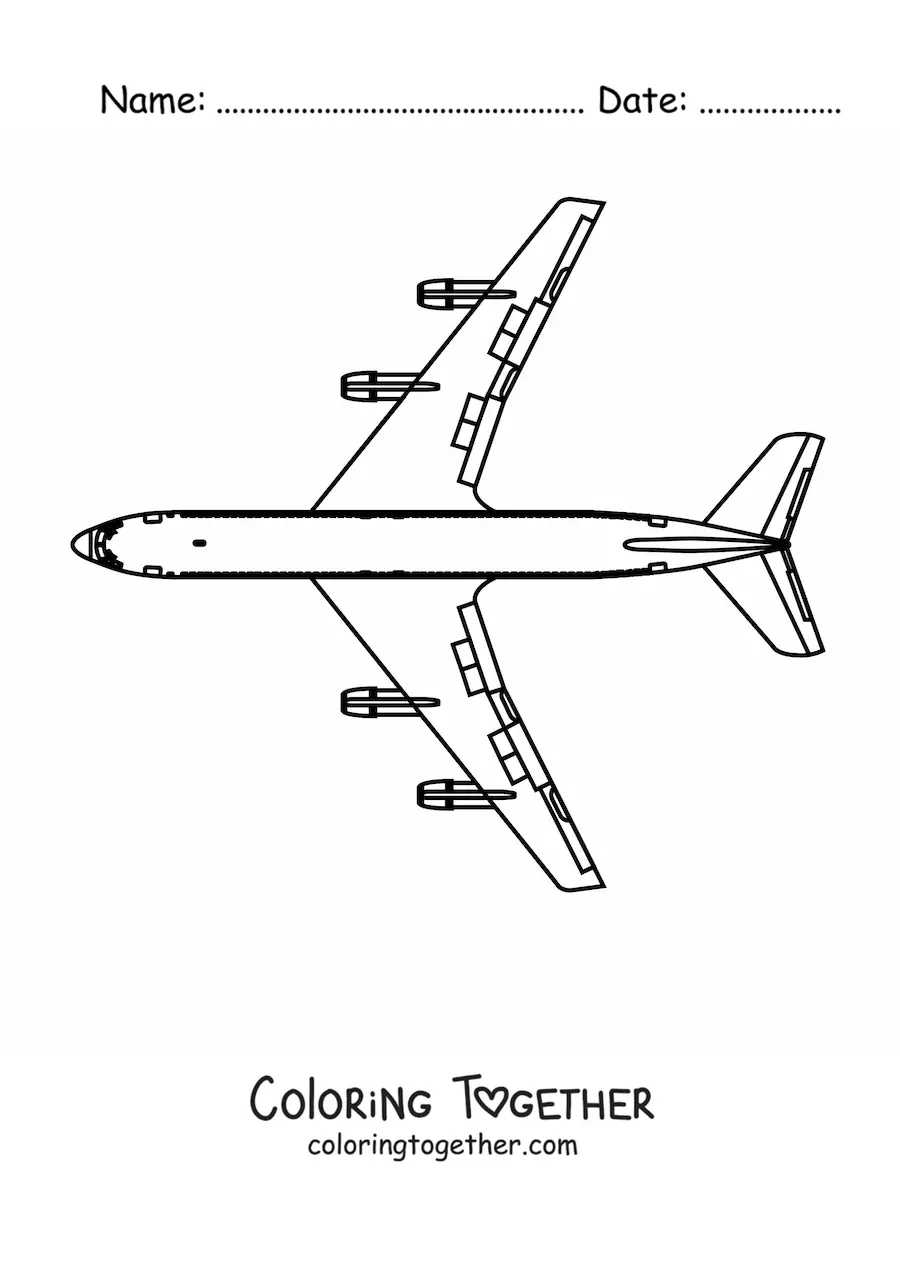 Coloring page of a Boeing 747 airplane seen from above