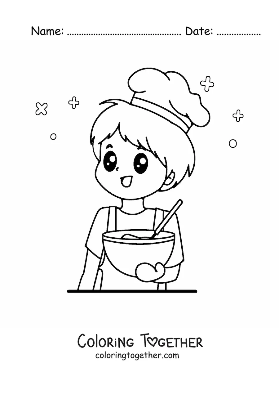 Coloring page of a cute animated chef cooking