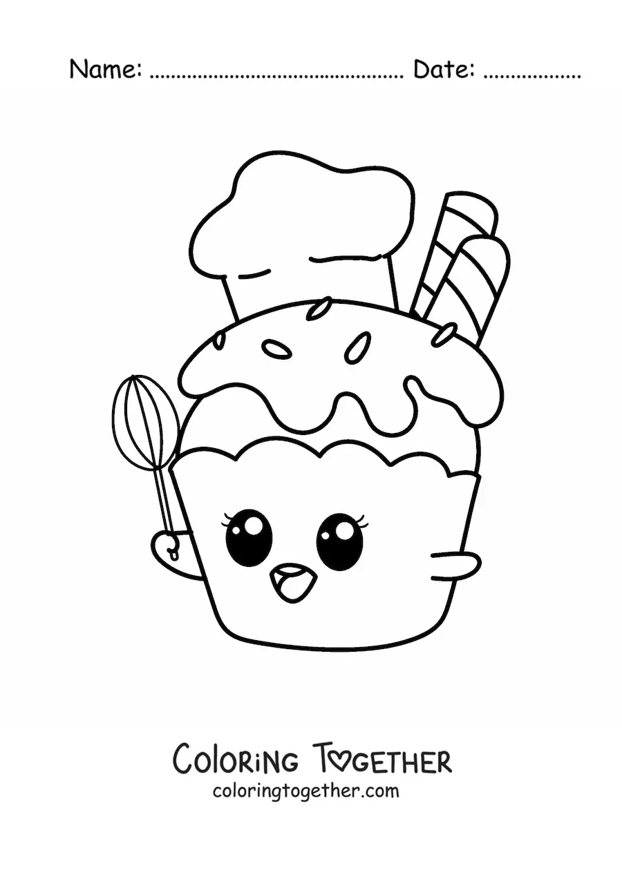 Coloring page of a cute animated cupcake chef with a mixer