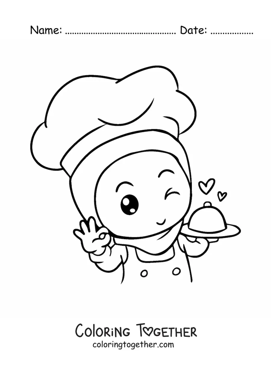 Coloring page of a cute animated Muslim chef