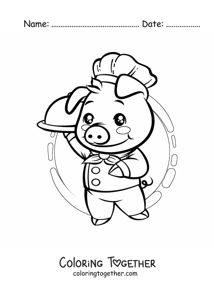 Coloring page of a cute animated pig chef with a dish on a tray