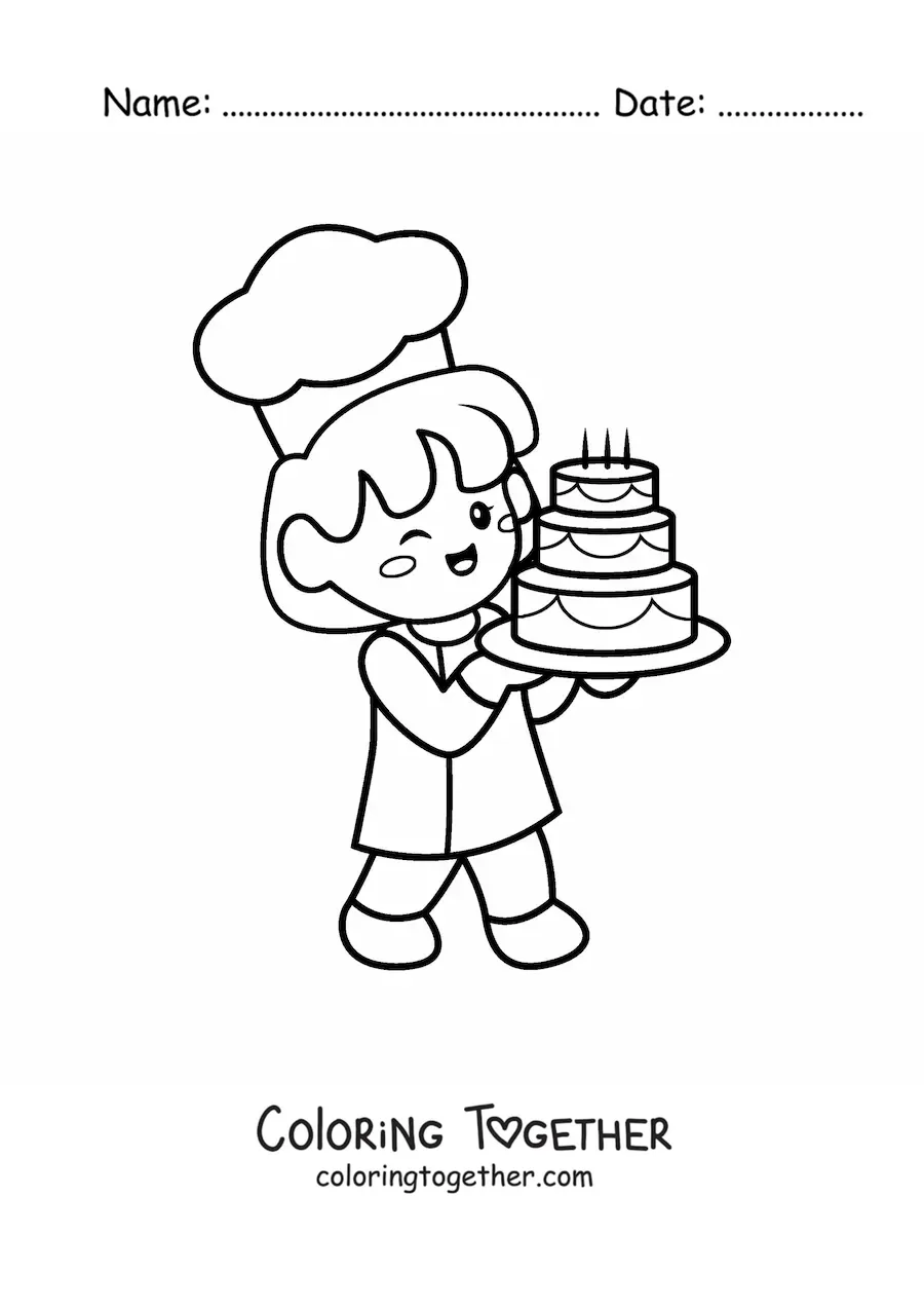 Coloring page of a cute pastry chef carrying a cake