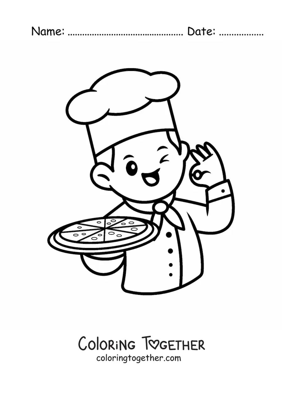 Coloring page of a cute pizza chef with a pizza