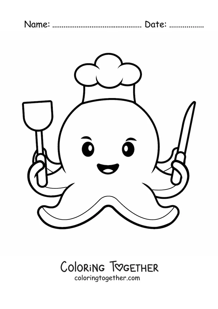 Coloring page of a cute octopus chef with kitchen utensils