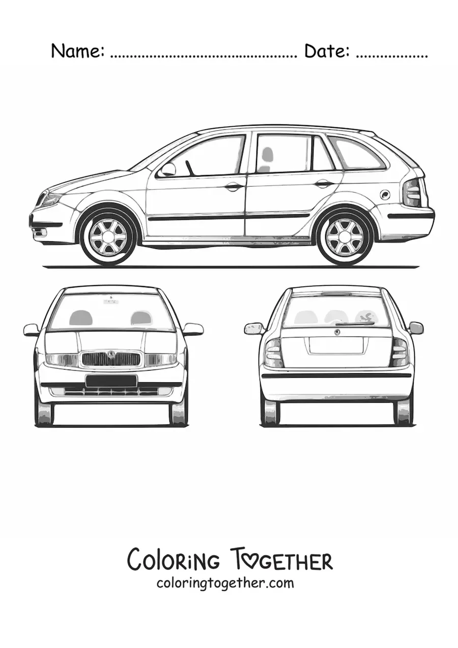 Coloring page of a car from different points of view