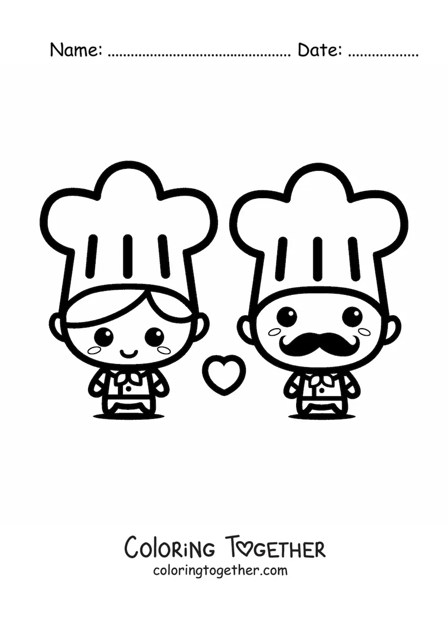 Coloring page of a cute, sweet cook couple