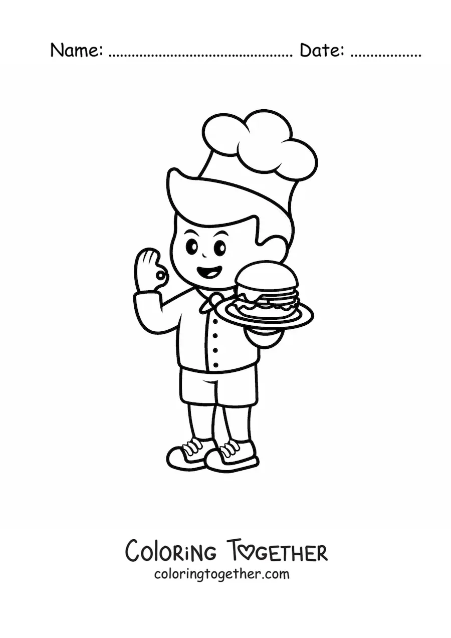 Coloring page of a cute cook with a hamburger
