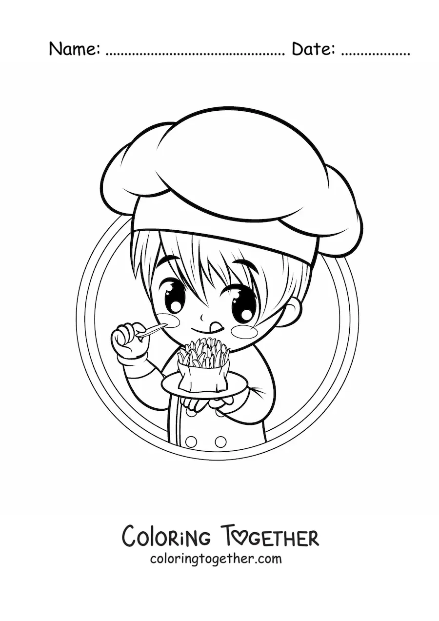 Coloring page of a cute boy cook eating french fries