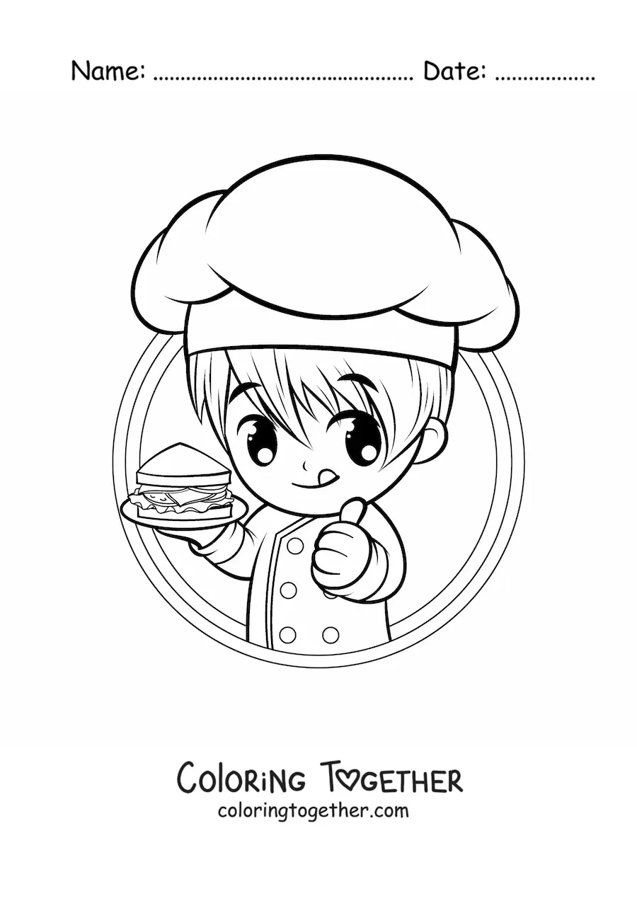 Coloring page of a cute boy cook with a sandwich