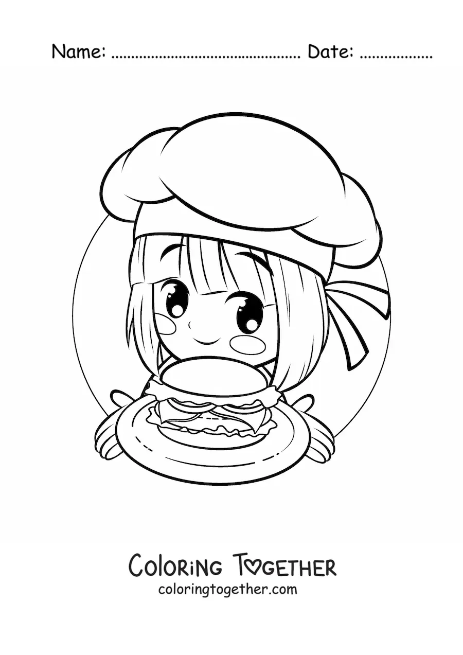 Coloring page of a cute girl cook with a hamburger