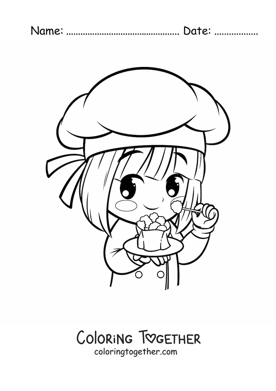 Coloring page of a cute girl cook with a plate of food