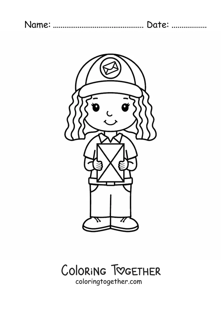 Coloring page of a cute animated girl mail carrier