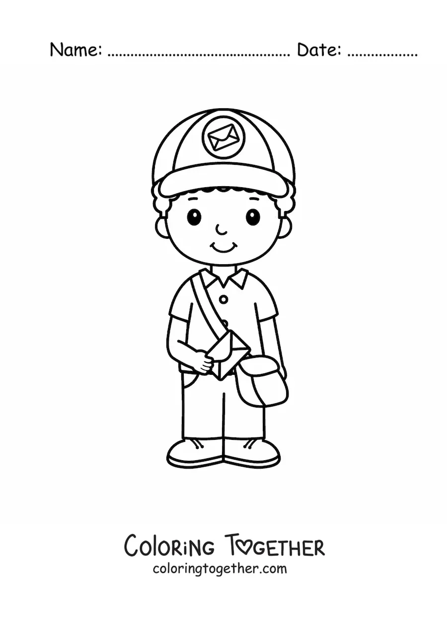 Coloring page of a cute animated boy mailman