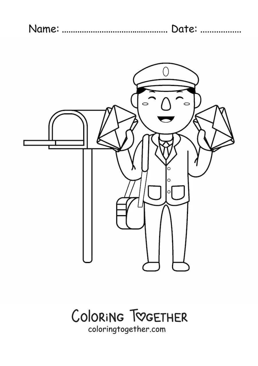 Coloring page of a cute mailman with letters next to the mailbox