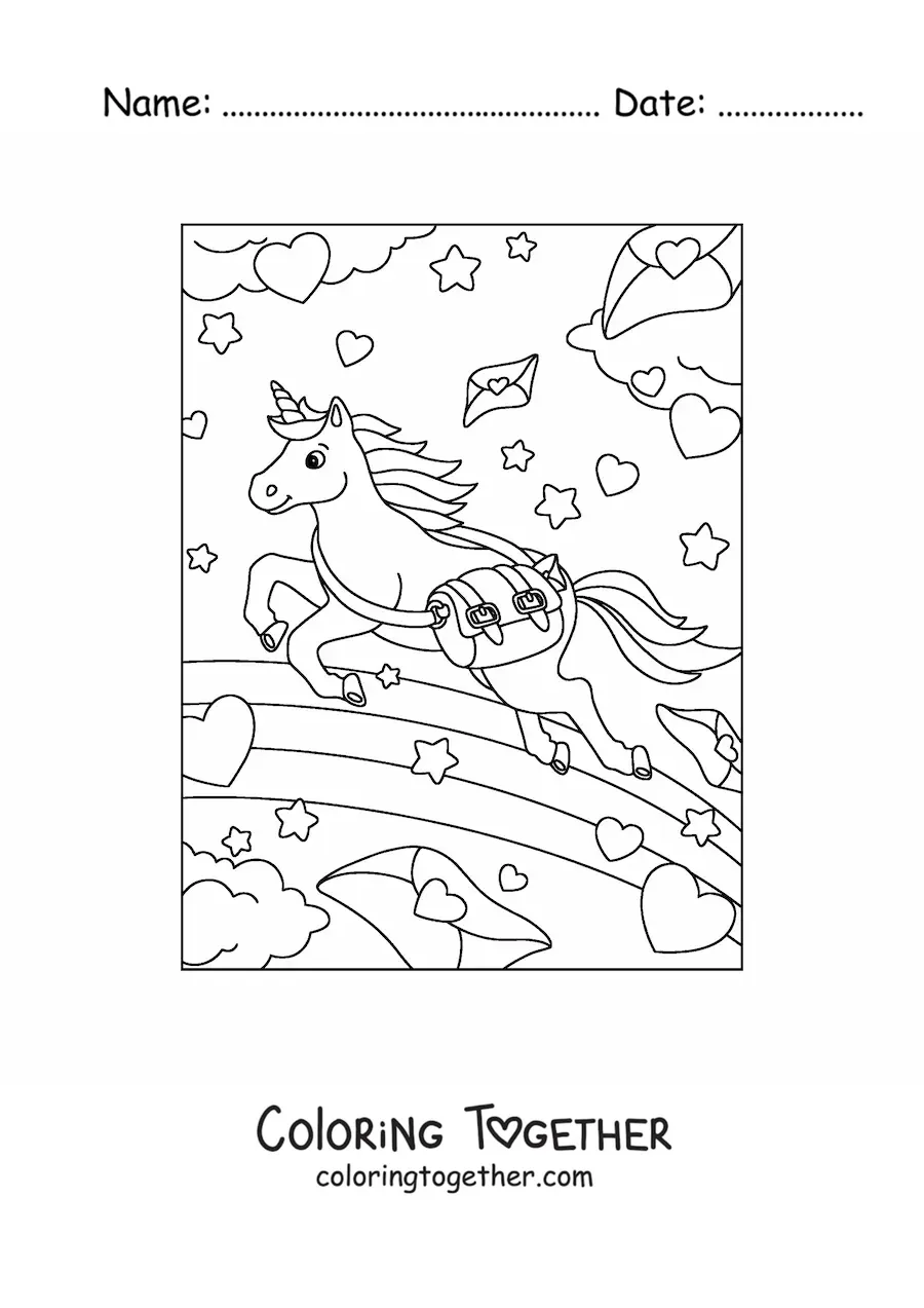 Coloring page of a cute animated unicorn mailman