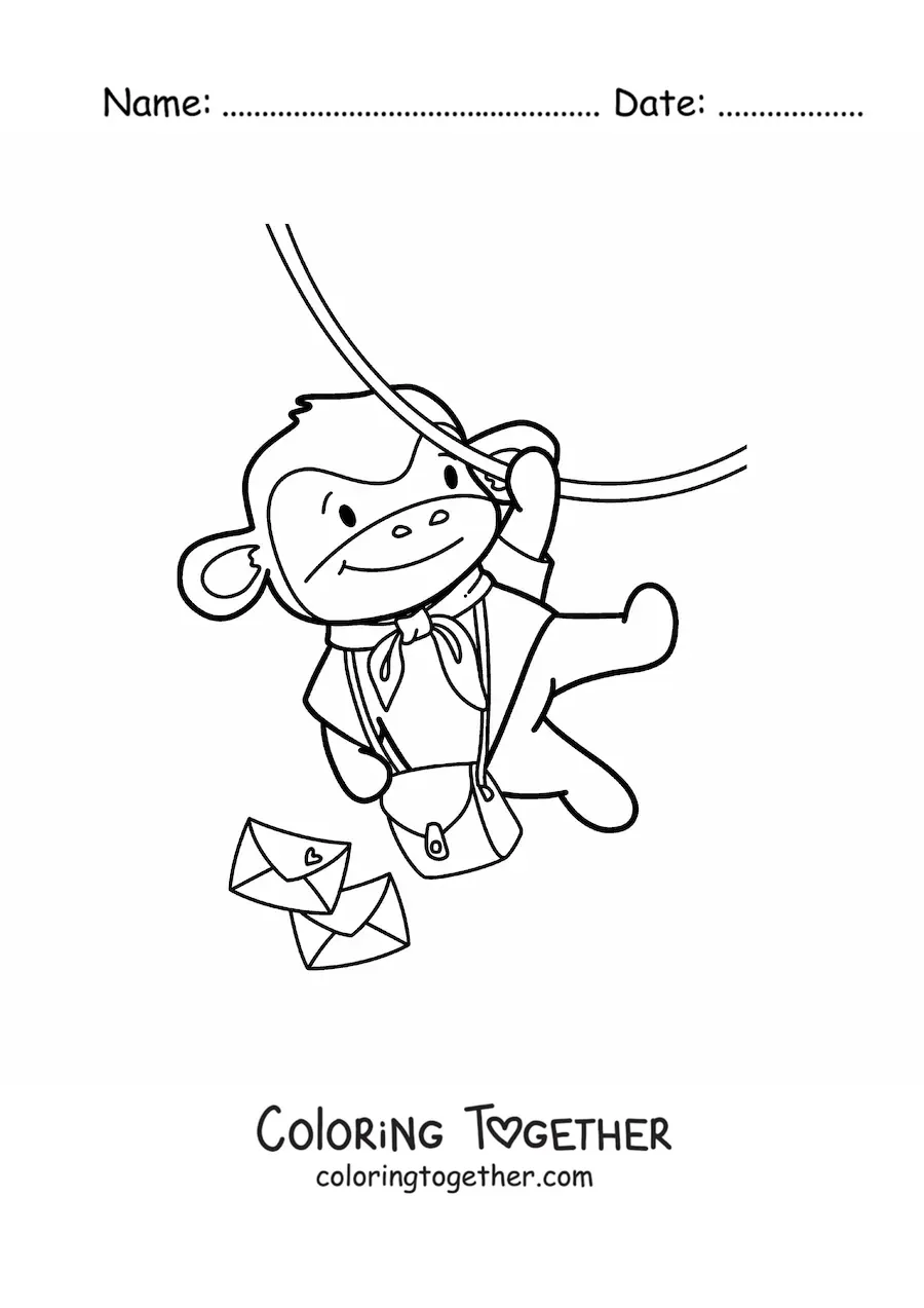 Coloring page of a cute animated monkey mailman