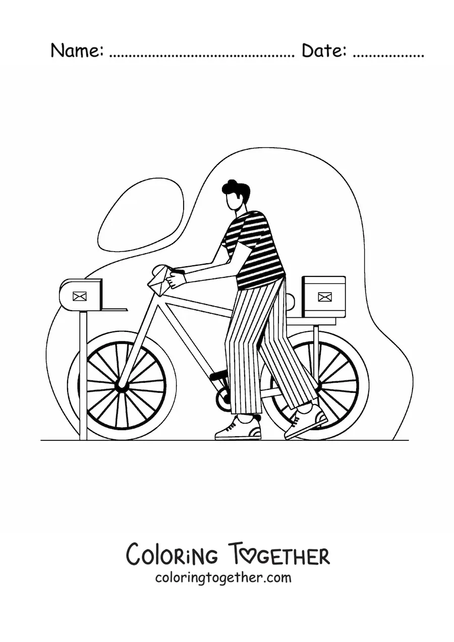 Coloring page of a mailman on a bicycle delivering letters