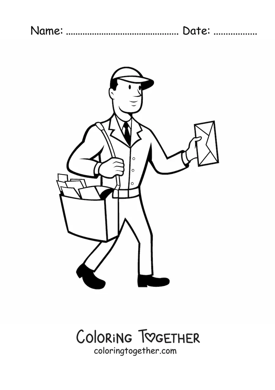 Coloring page of an easy mailman delivering the mail