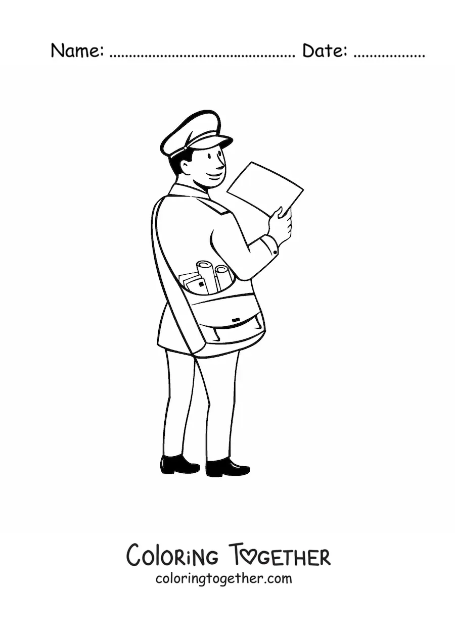 Coloring page of a cartoon of a mailman delivering the mail