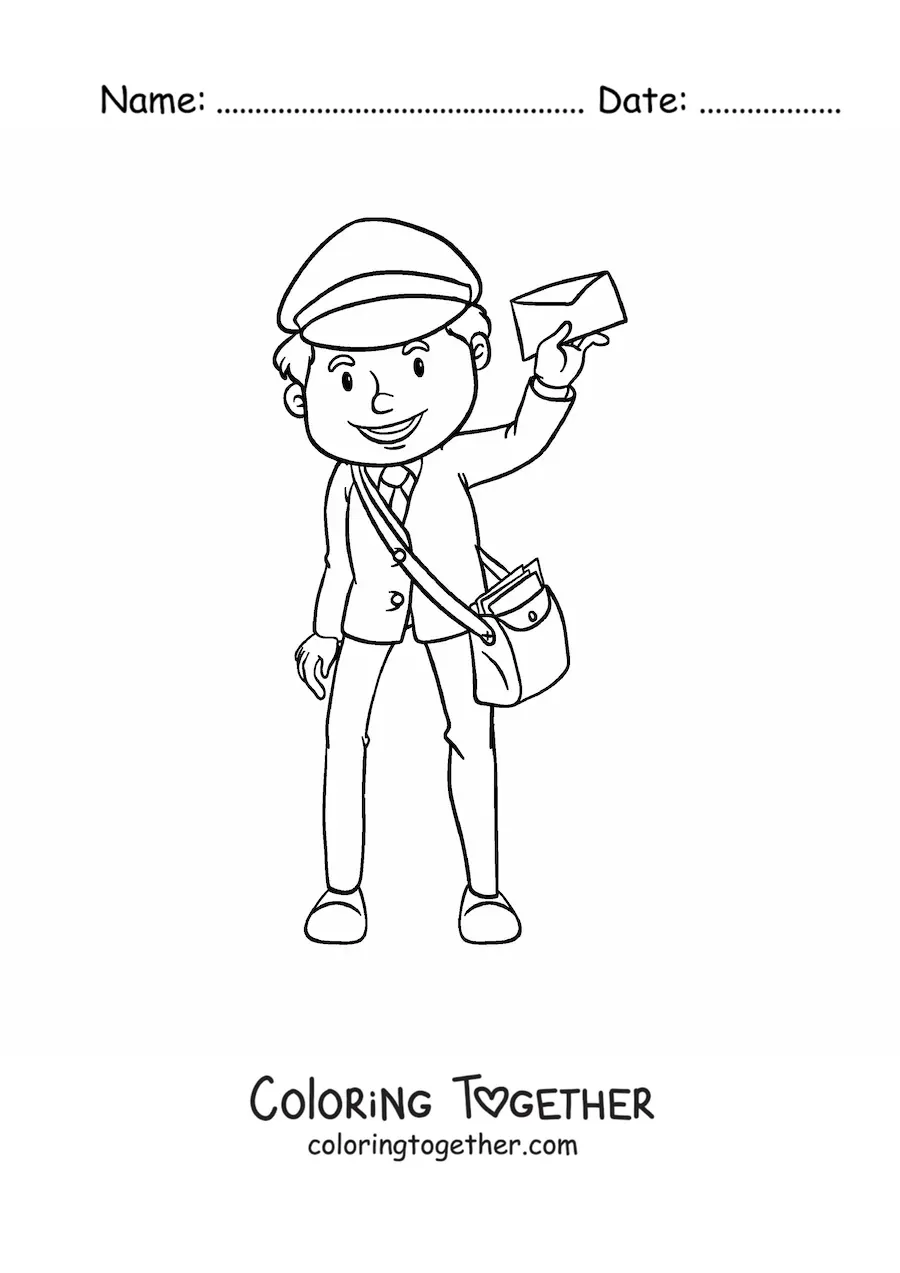 Coloring page of an animated mailman with a letter