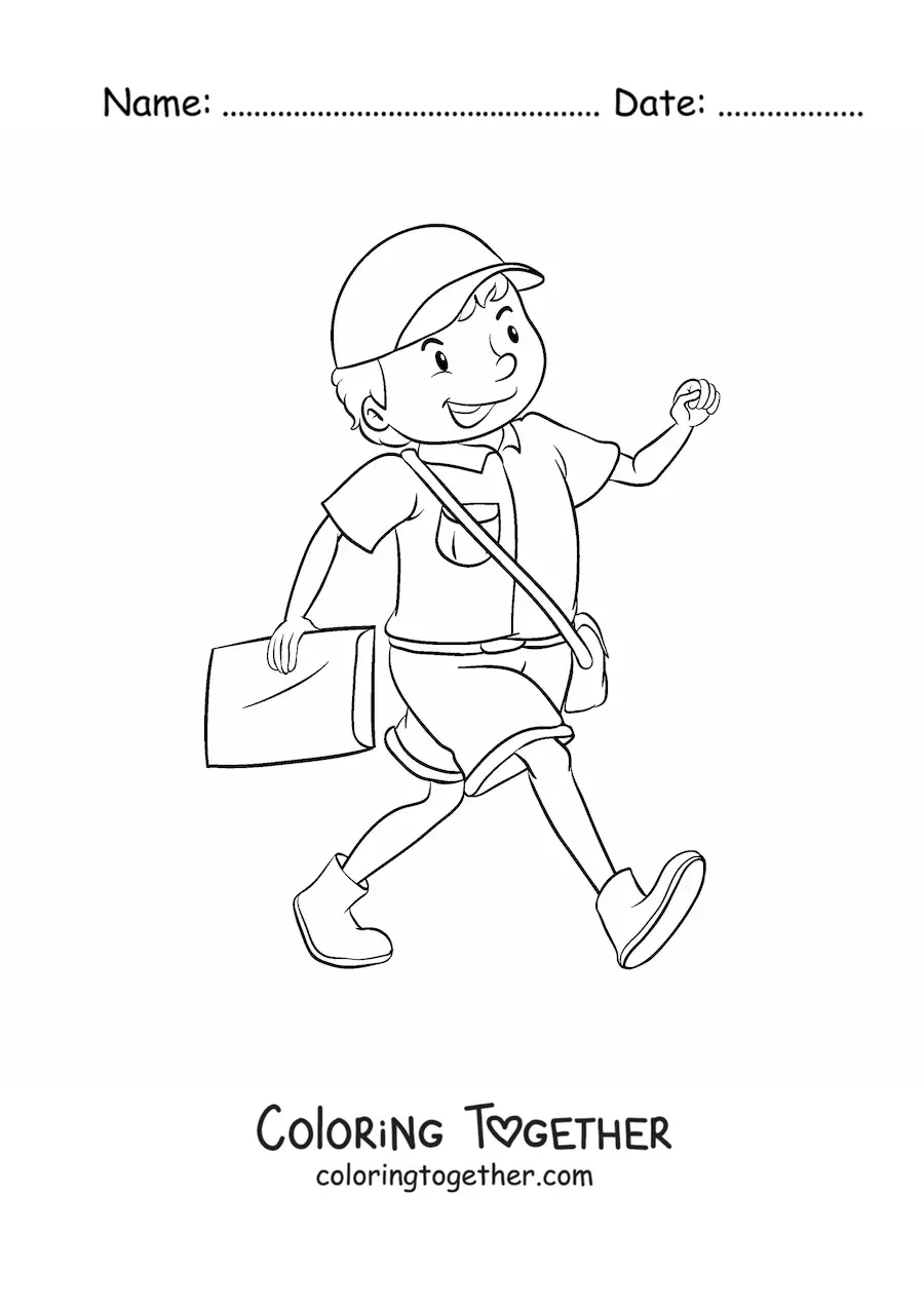 Coloring page of an animated mailman at work
