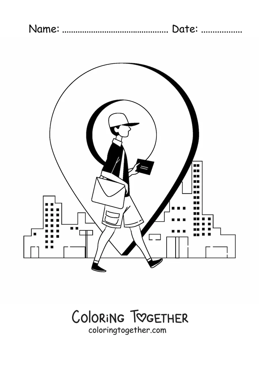Coloring page of a mailman walking in the city