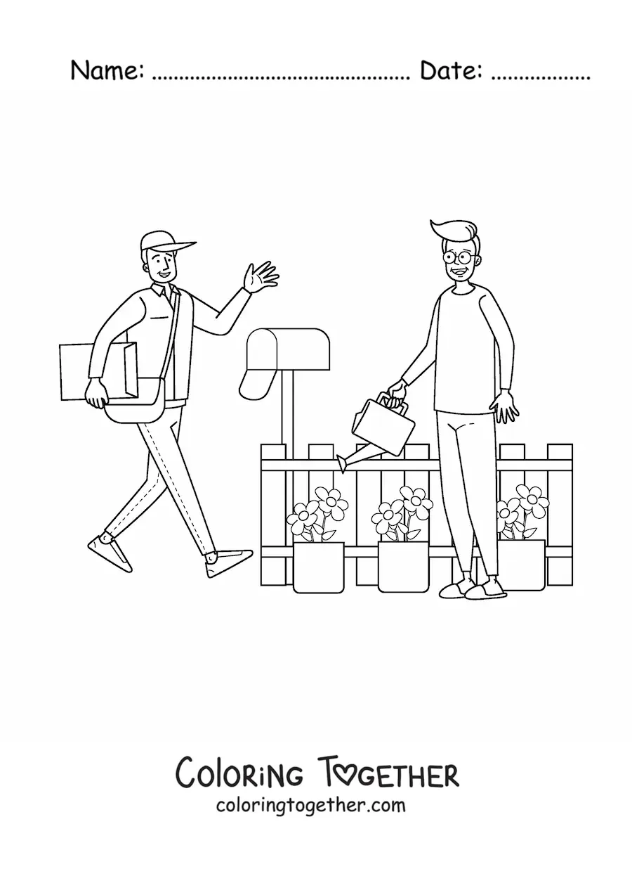 Coloring page of a mailman delivering the mail to the mailbox