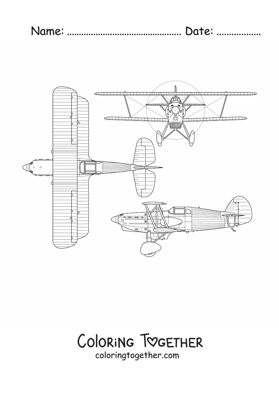 Coloring page of a Czechoslovak Avia B534 fighter plane from various angles