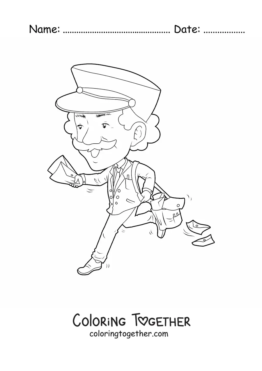 Coloring page of a cartoon of a mailman running