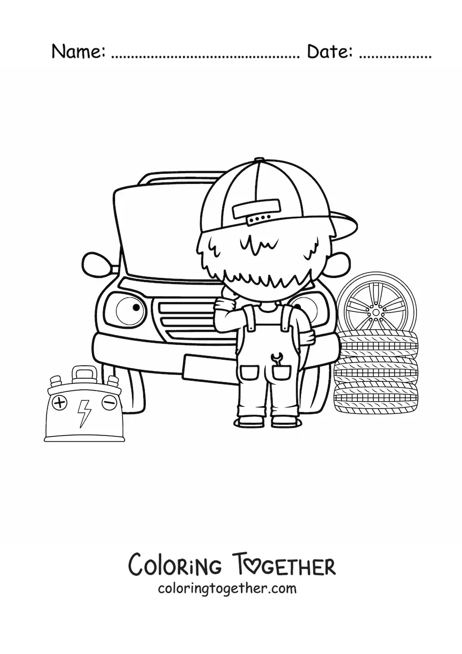 Coloring page of a car mechanic repairing a car