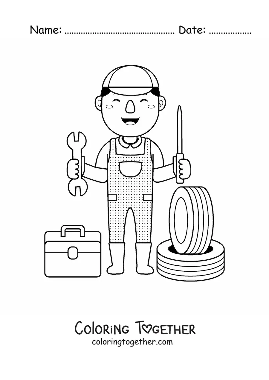 Coloring page of a car mechanic with wheels and tools
