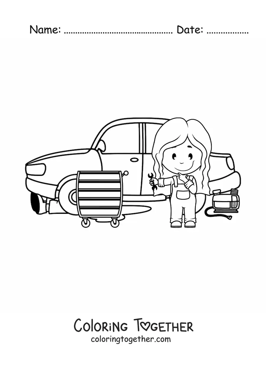 Coloring page of an animated girl mechanic repairing a car