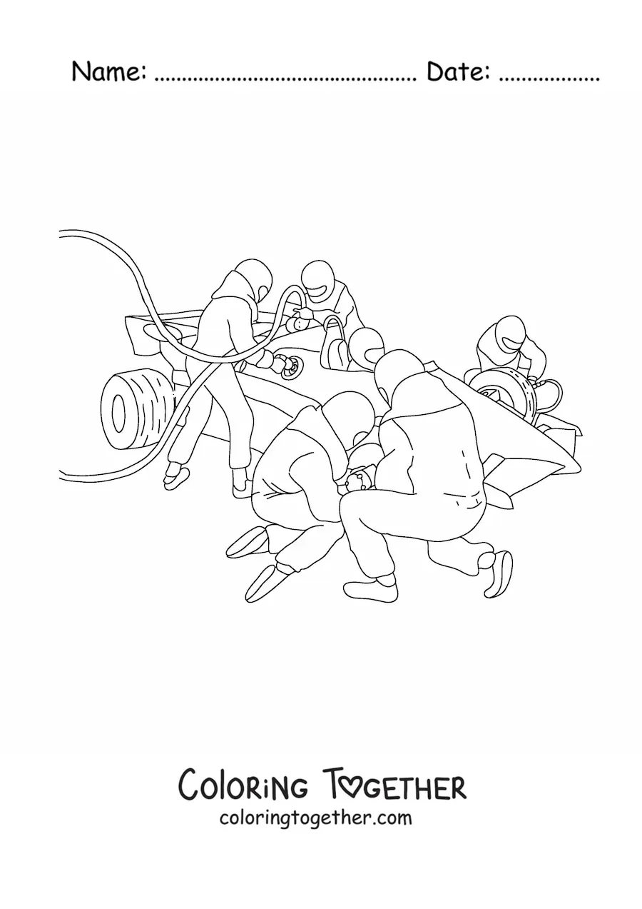 Coloring page of mechanics working in the pits