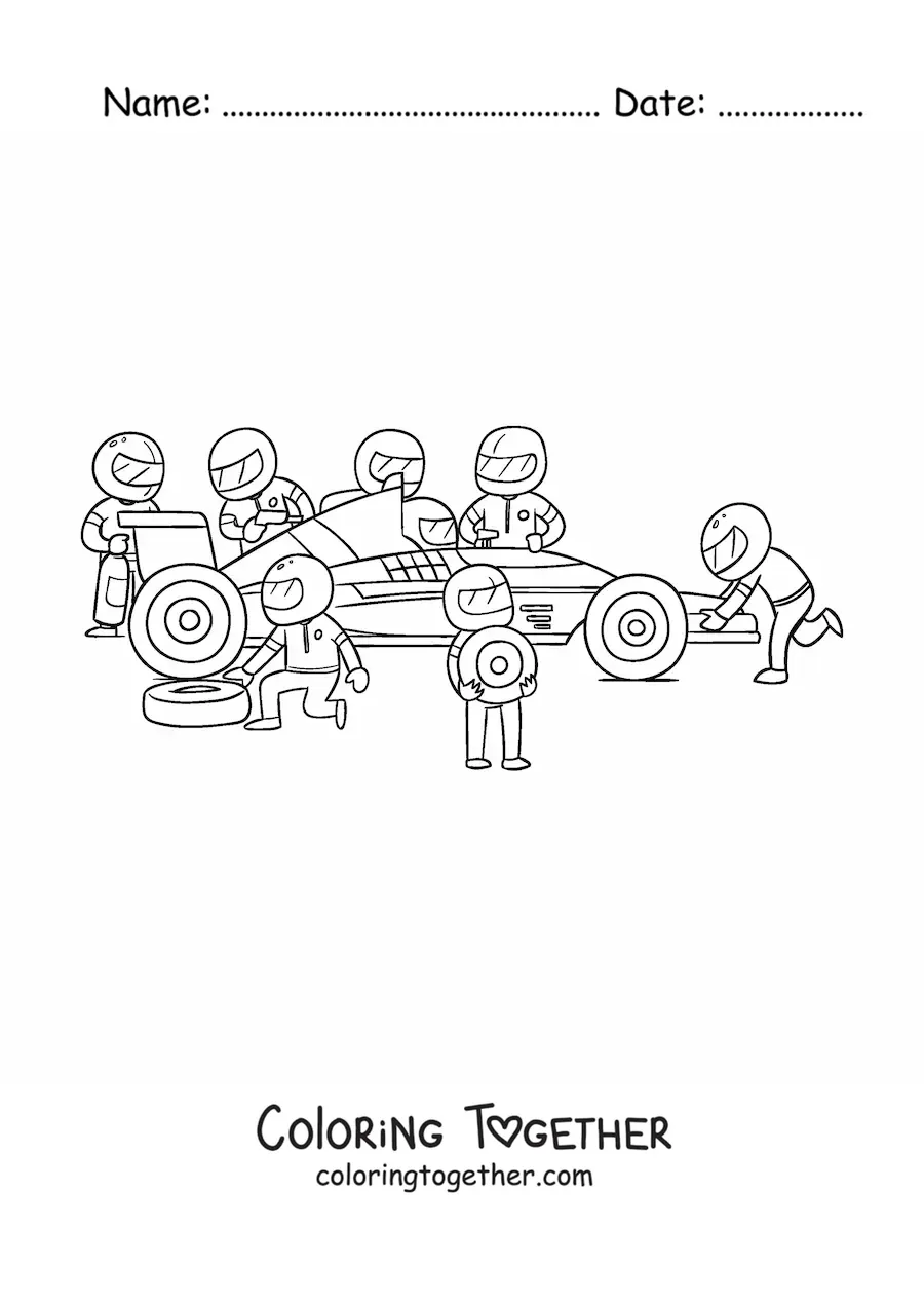 Coloring page of mechanics repairing a Formula One car
