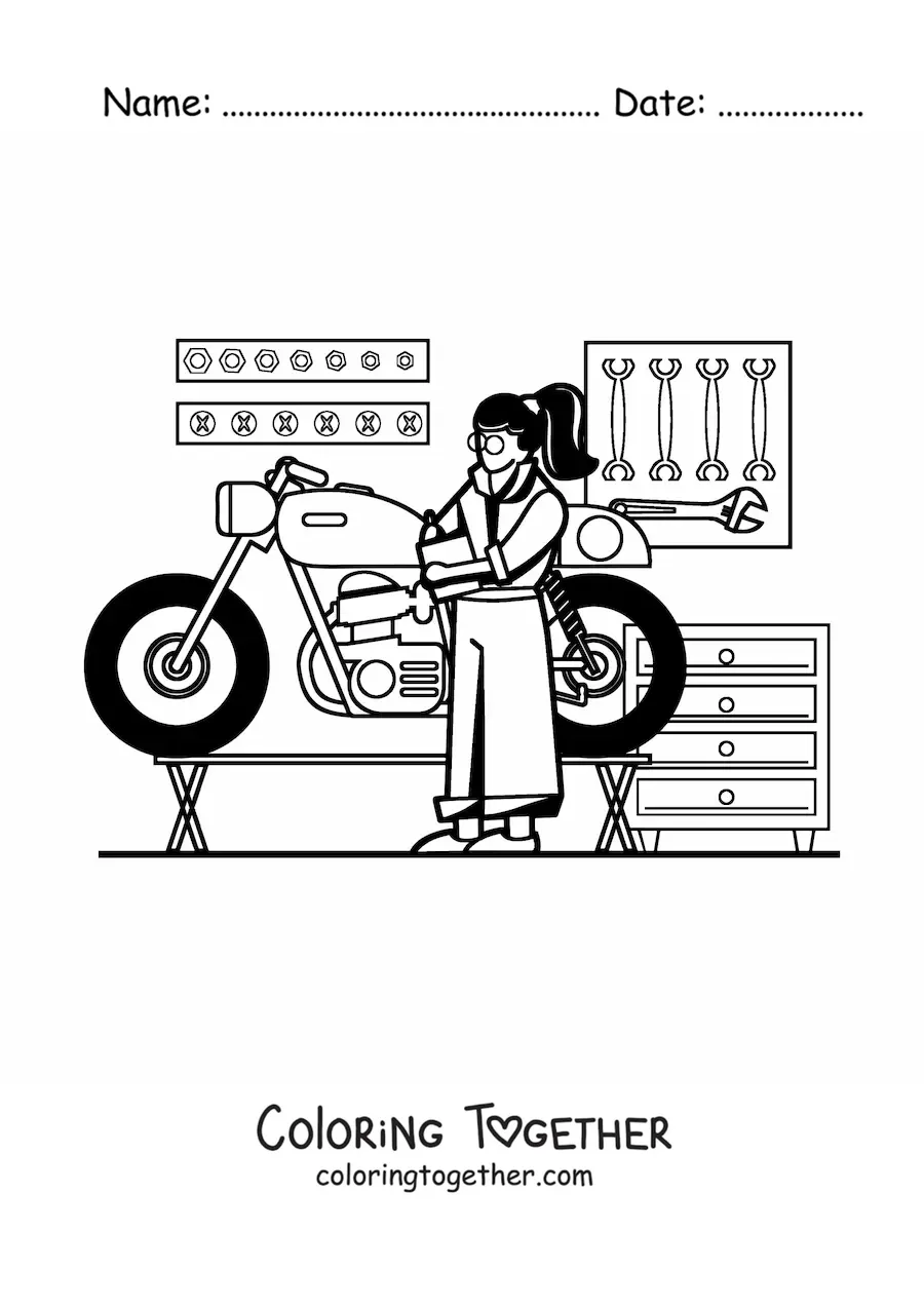 Coloring page of a woman with the profession of mechanic in her workshop with a motorcycle