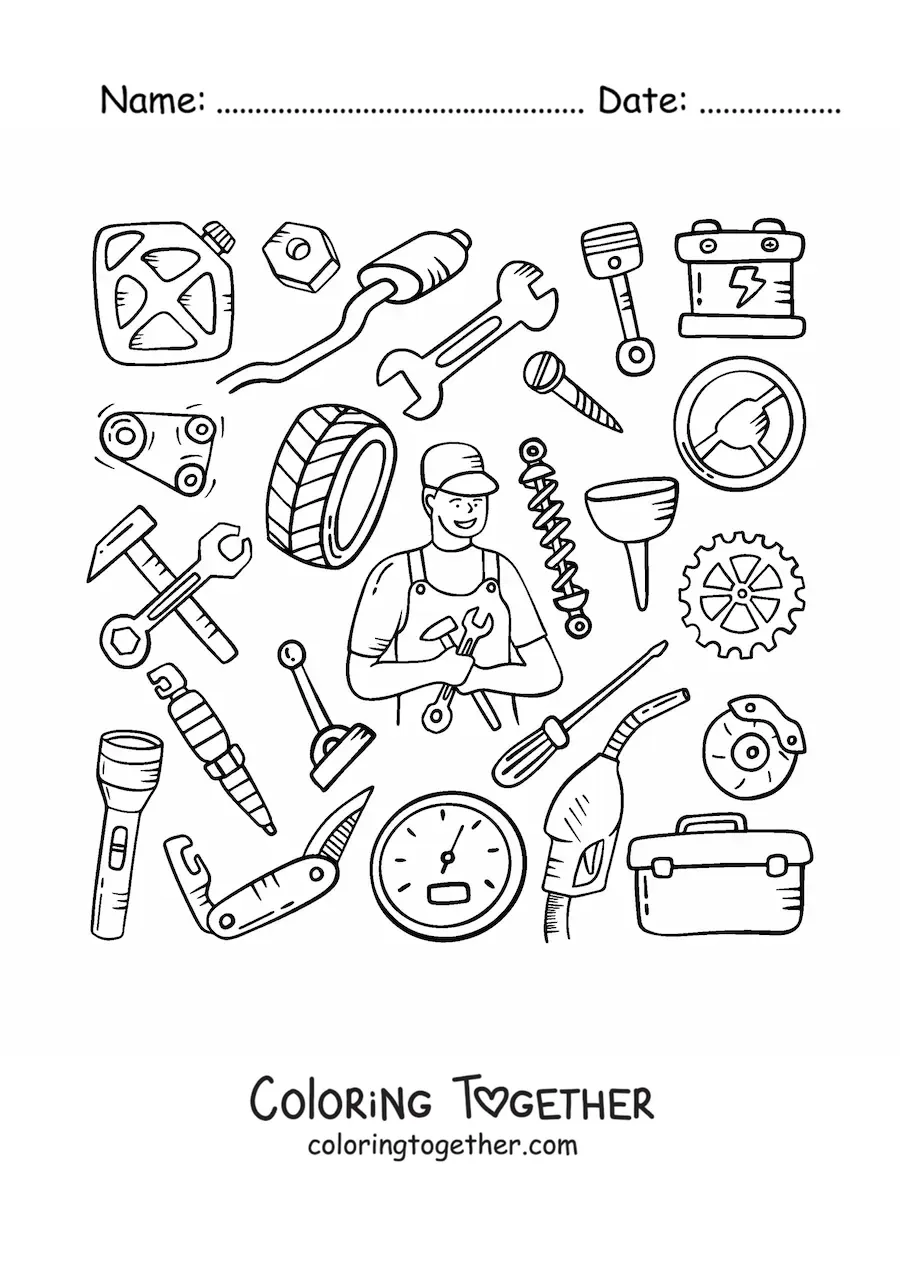 Coloring page of a man with the profession of mechanic and his tools