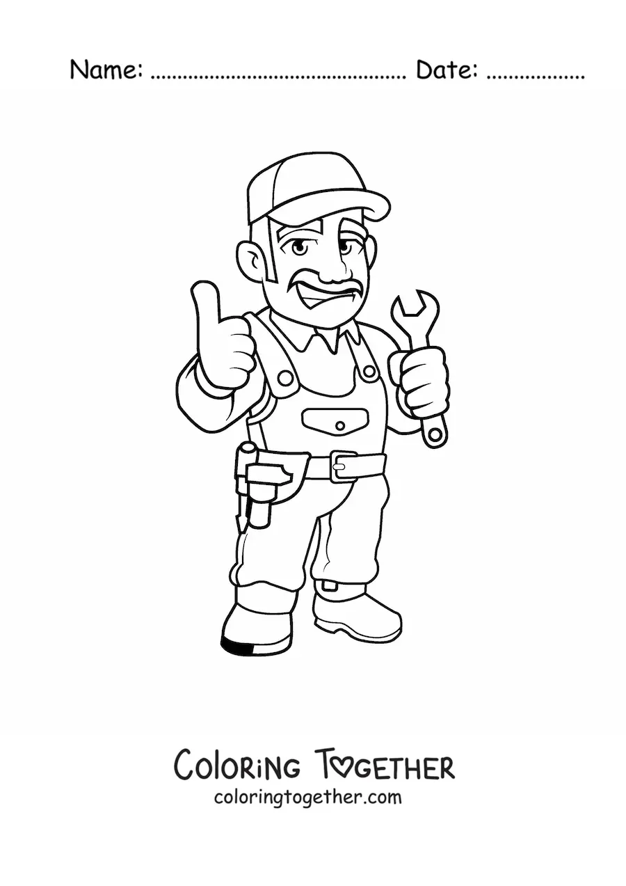 Coloring page of an animated man with the profession of mechanic