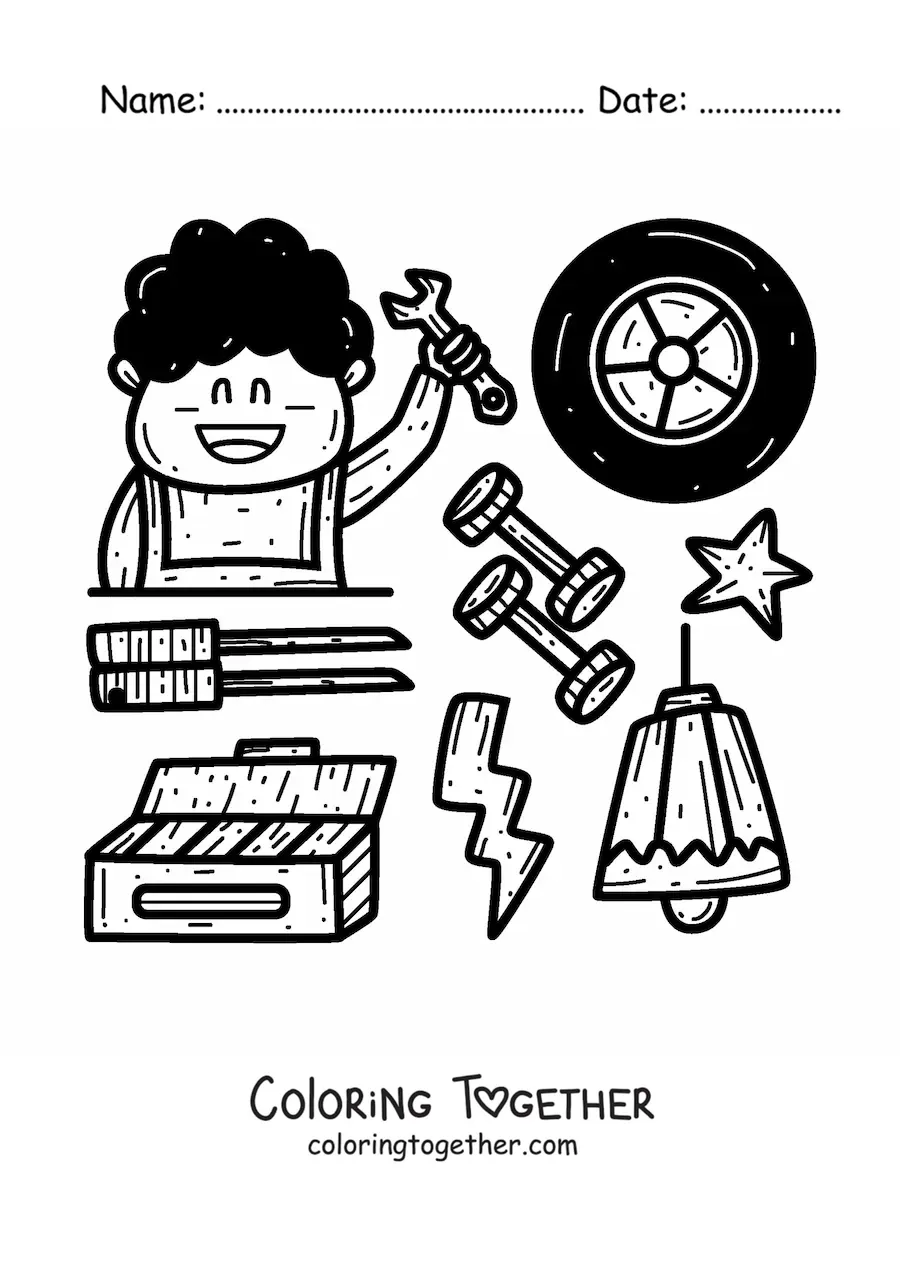 Coloring page of an animated car mechanic with his tools
