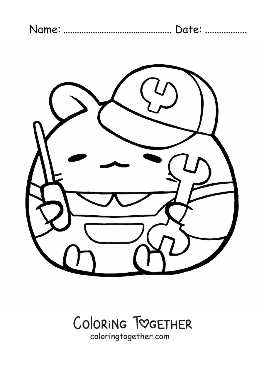 Coloring page of a cute hamster car mechanic