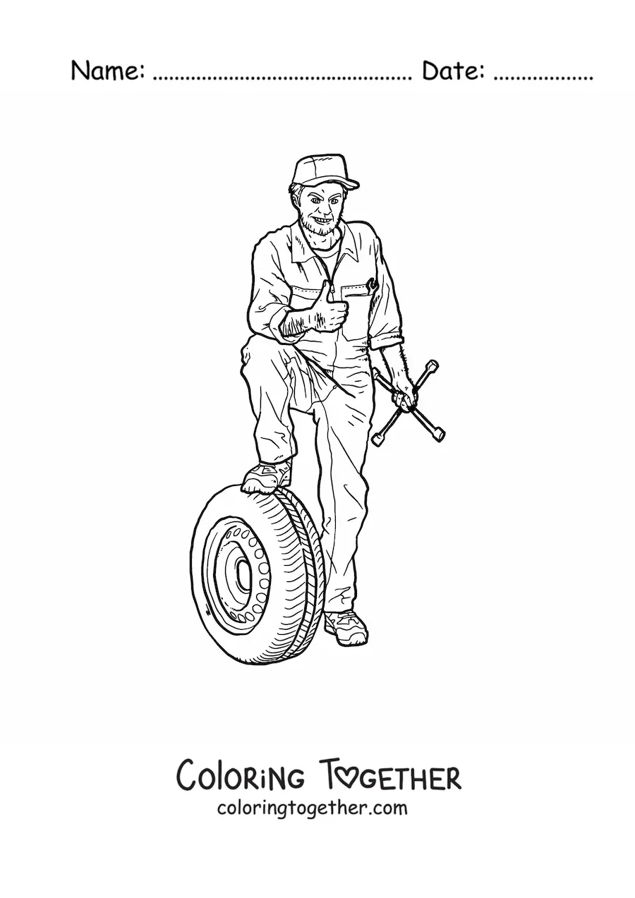 Coloring page of a realistic car mechanic with a wheel