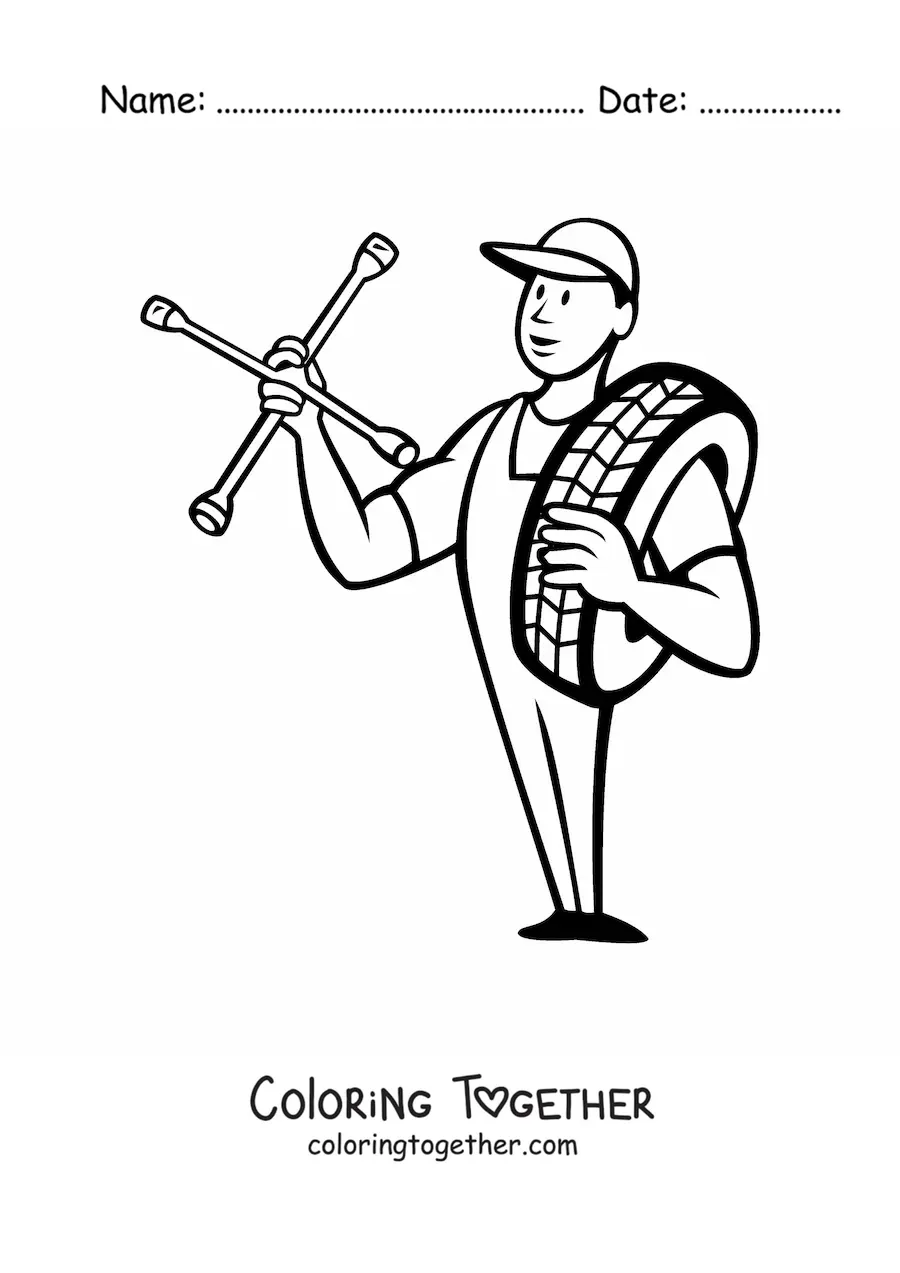Coloring page of an animated car mechanic with a wheel