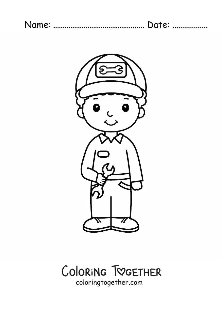 Coloring page of a cute boy with the profession of car mechanic