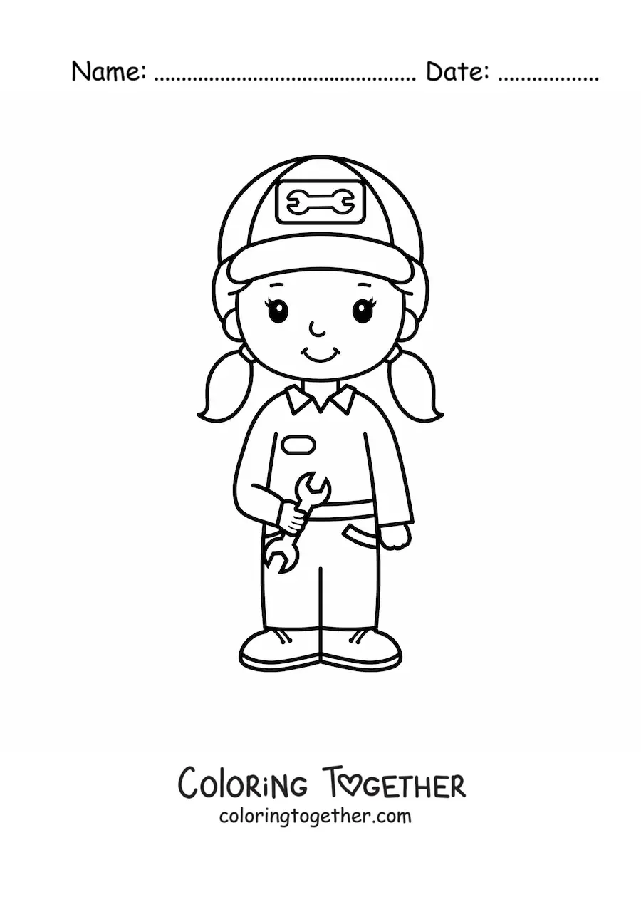 Coloring page of a cute girl with the profession of car mechanic