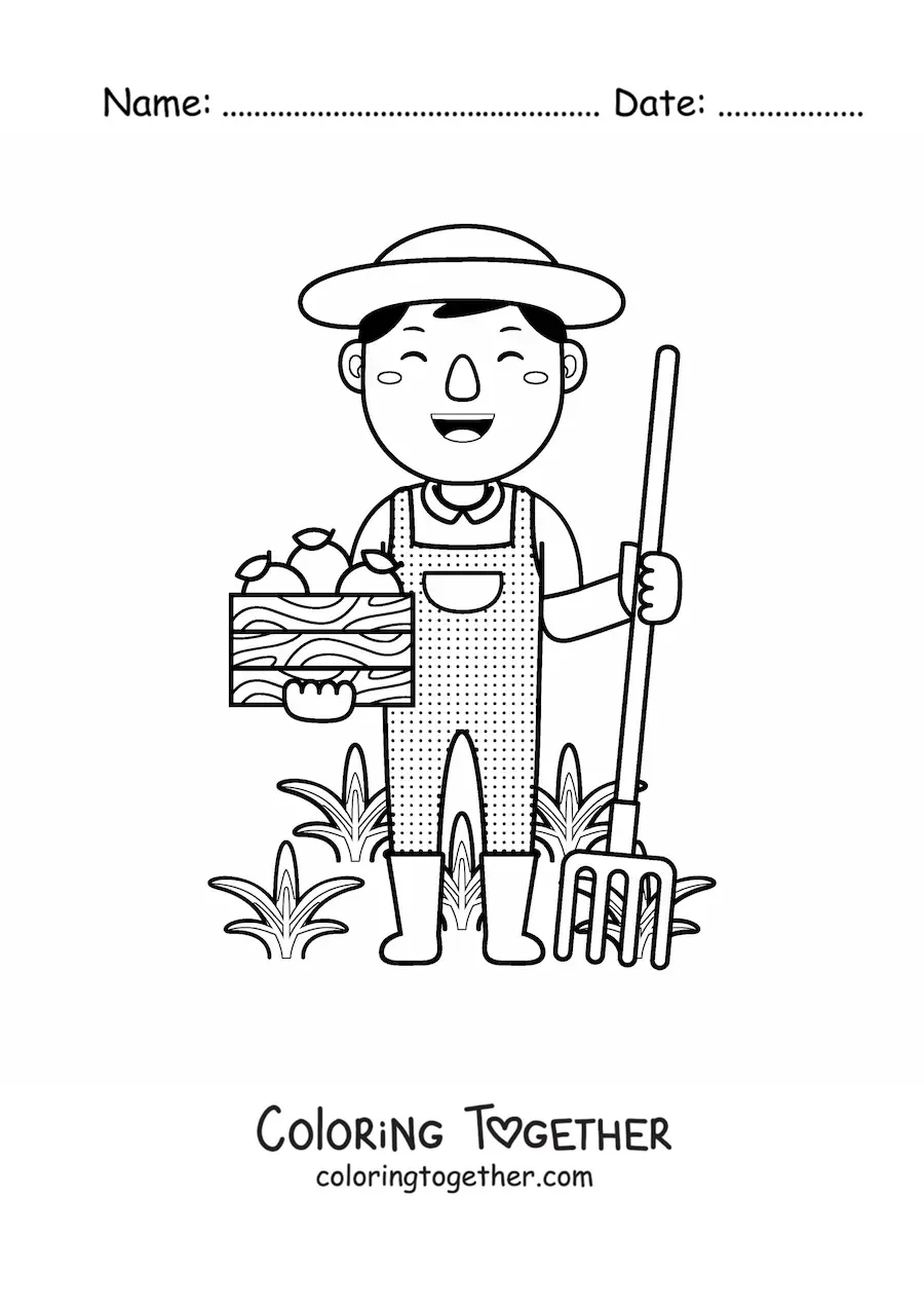 Coloring page of a peasant farmer harvesting fruits