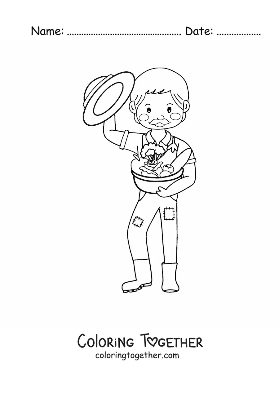 Coloring page of a cute farmer with harvested fruits