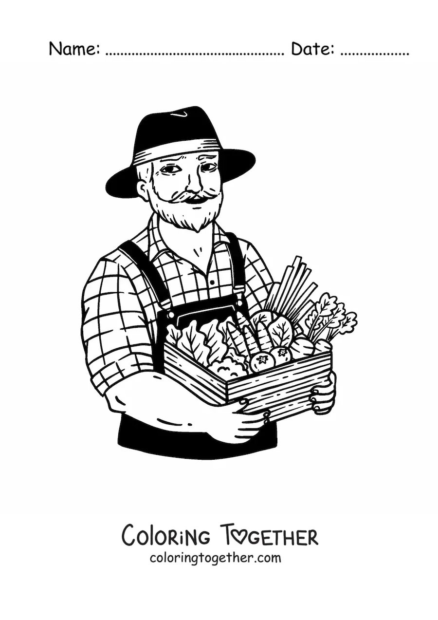 Coloring page of a realistic farmer with his harvest