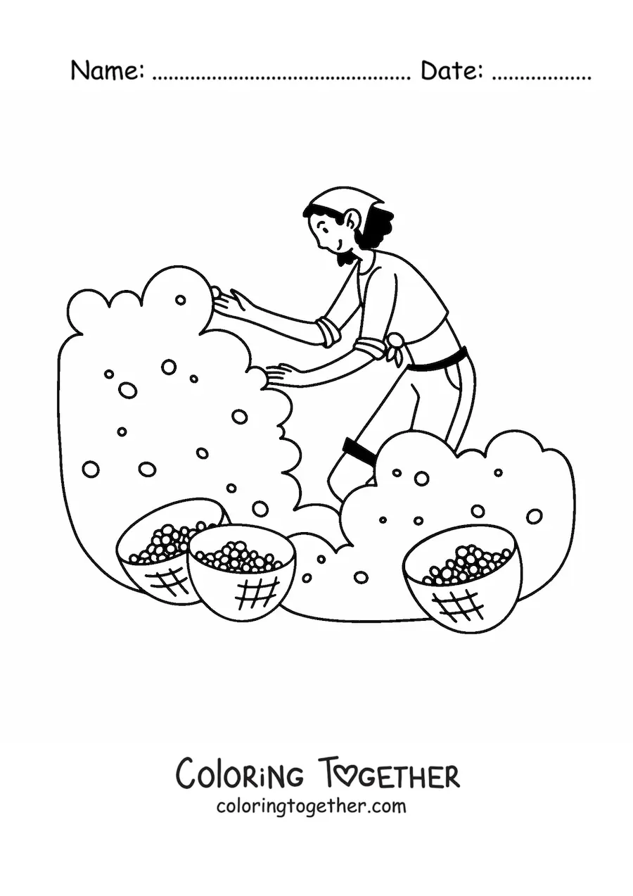Coloring page of a girl gathering fruits in a field