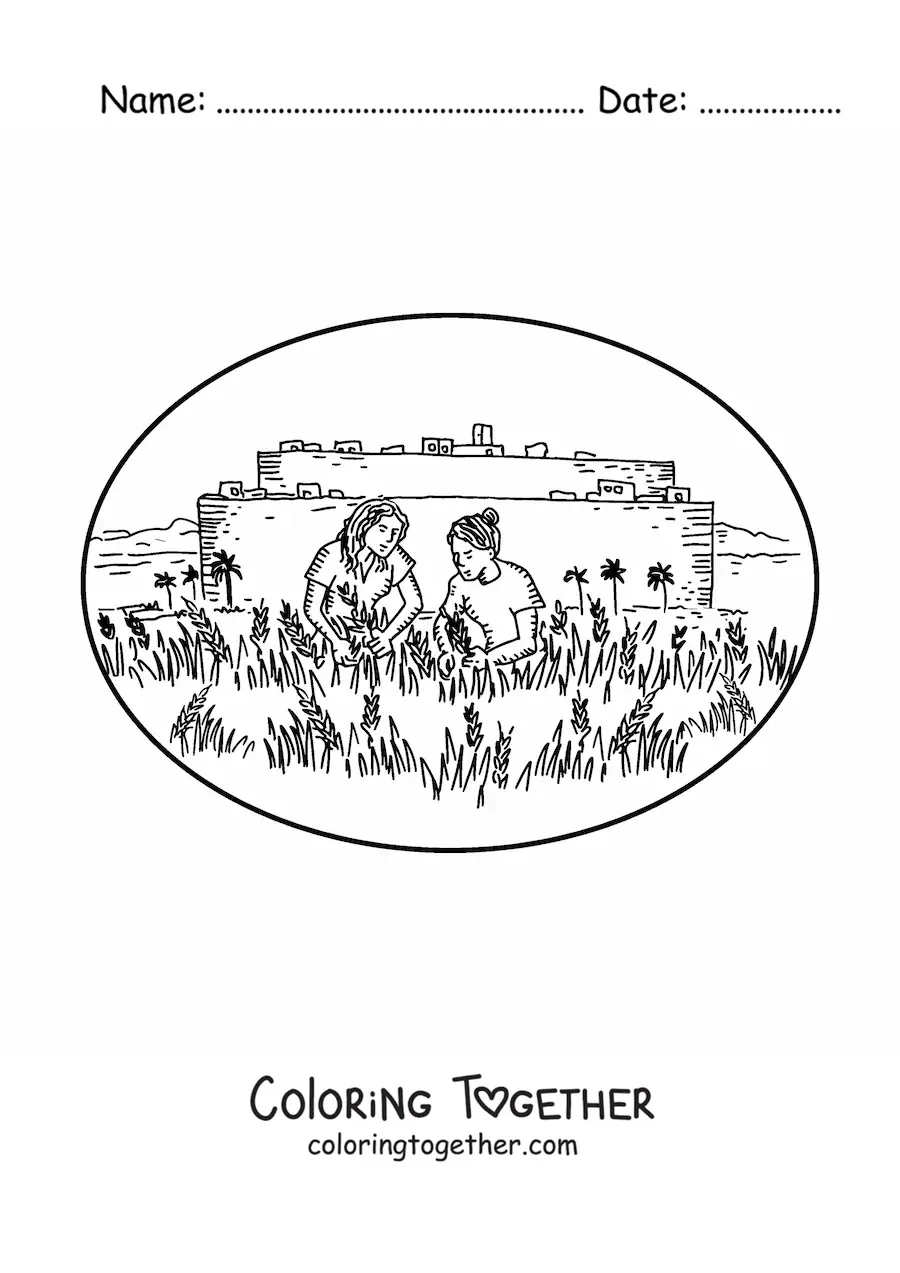 Coloring page of women gathering fruits on a farm