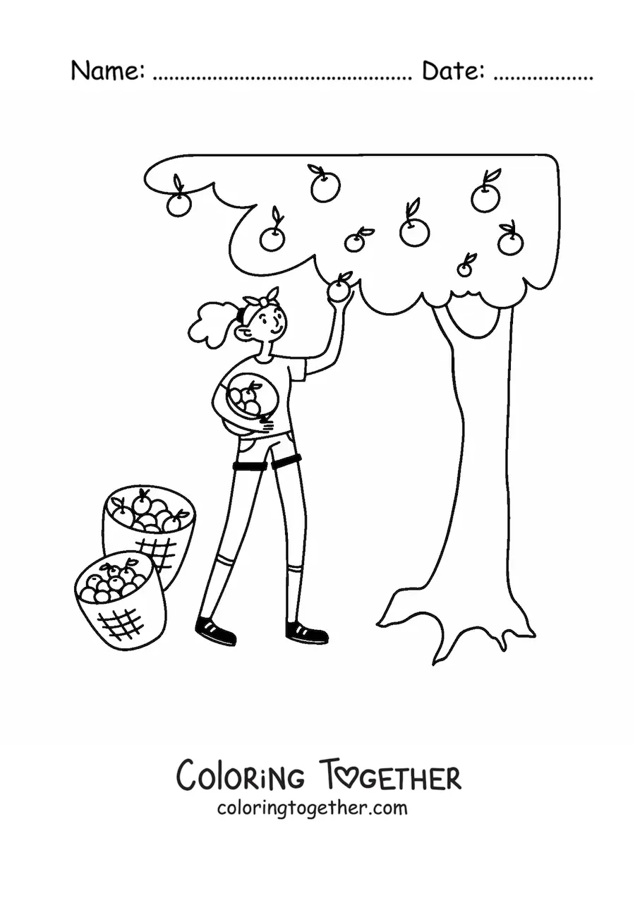 Coloring page of a girl picking apples from a tree